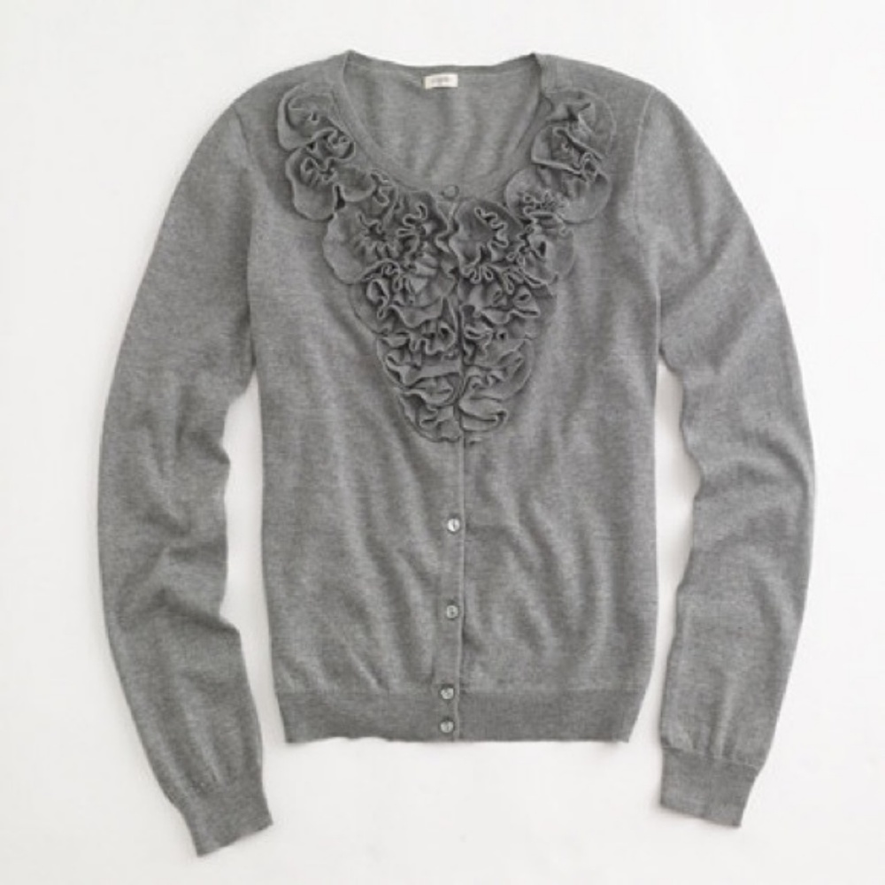 J Crew Celosia Ruffle Front Gray Cardigan